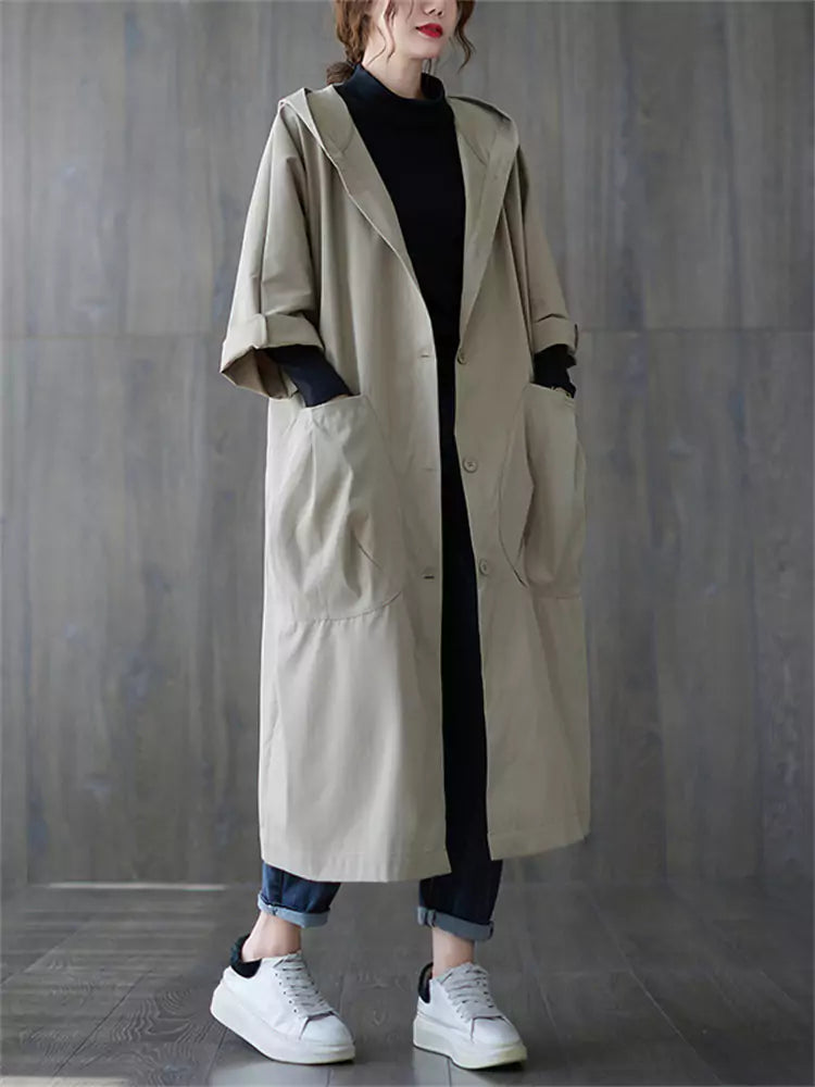 Damen-Trenchcoat in Übergröße mit Kapuze, langem Design und praktischer, großer Tasche