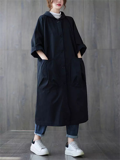 Damen-Trenchcoat in Übergröße mit Kapuze, langem Design und praktischer, großer Tasche