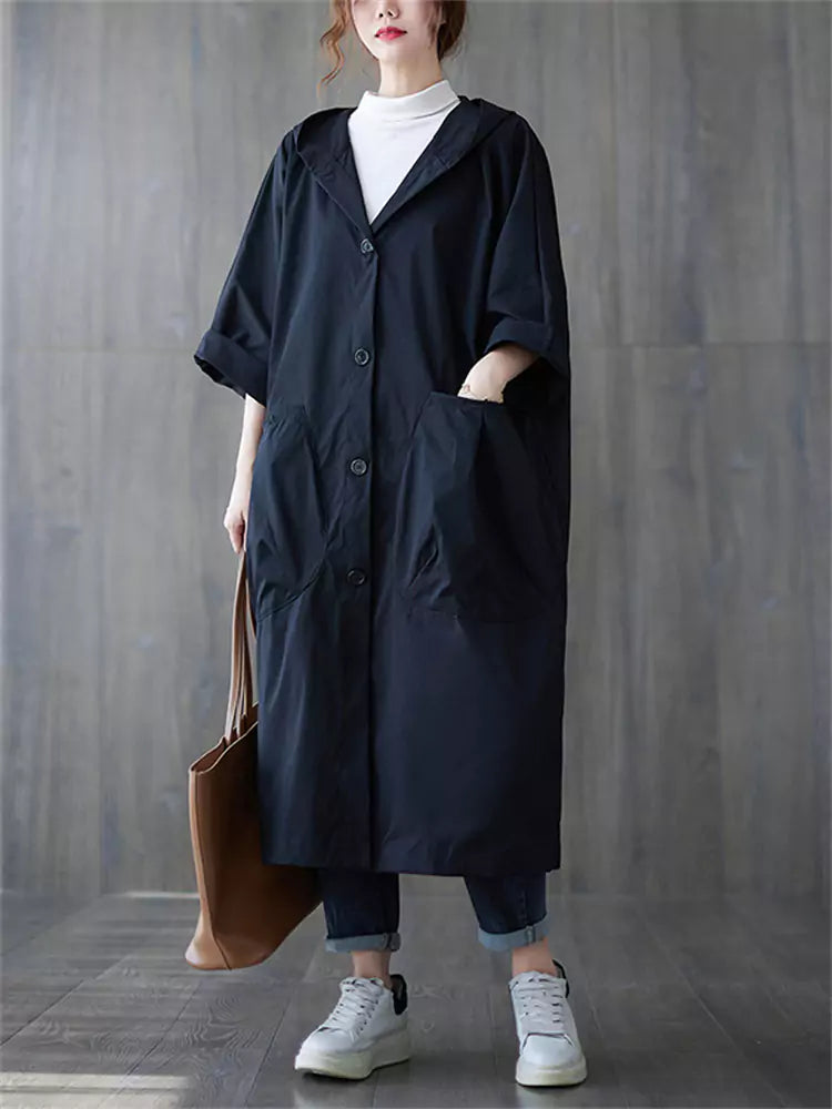 Plus Size Women's Long Hooded Trench Coat Utility Big Pocket