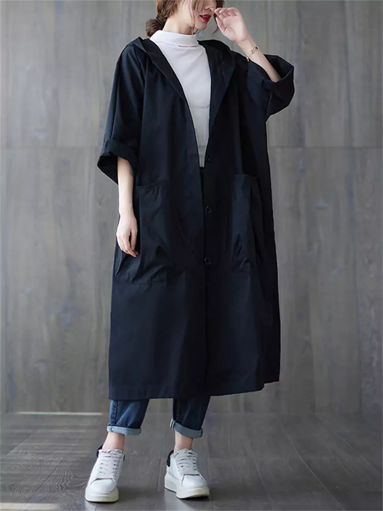 Plus Size Women's Long Hooded Trench Coat Utility Big Pocket