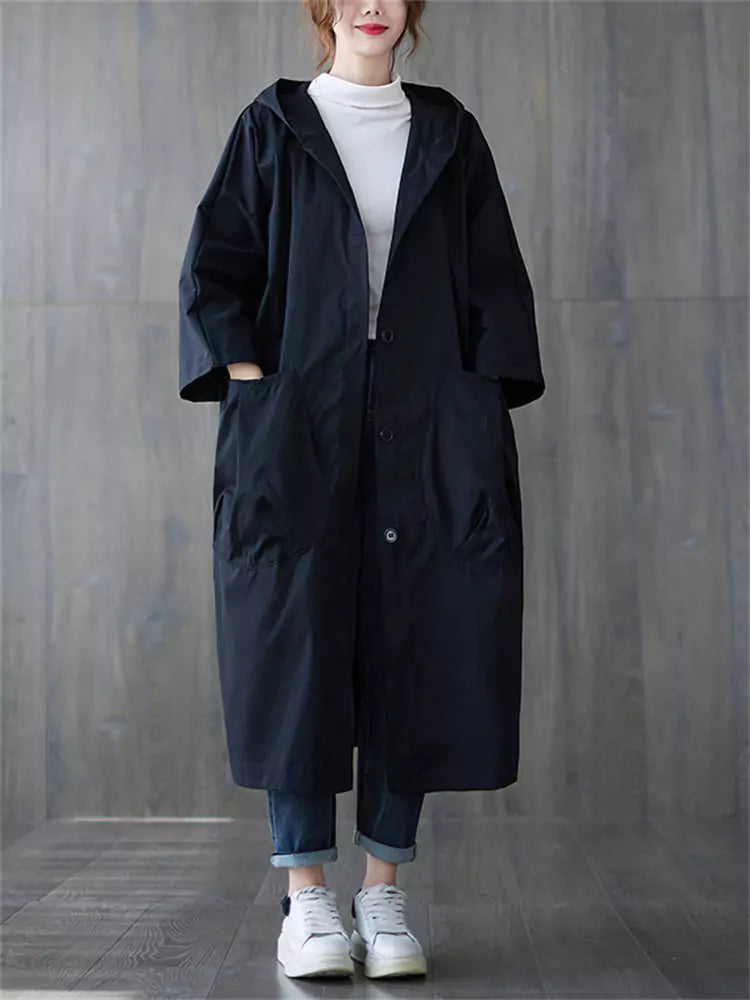 Plus Size Women's Long Hooded Trench Coat Utility Big Pocket