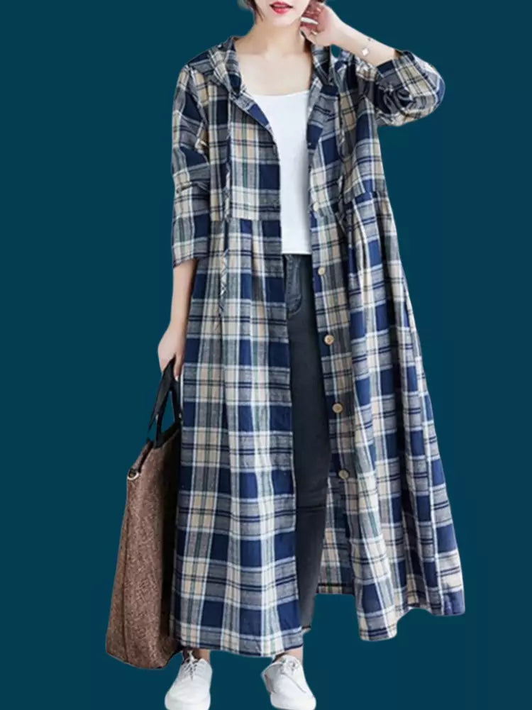 Women's Extra Long Plaid Hooded Trench Coat Loose Fit