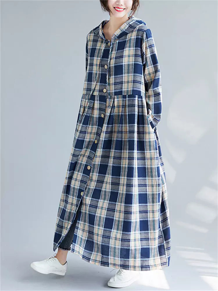 Women's Extra Long Plaid Hooded Trench Coat Loose Fit