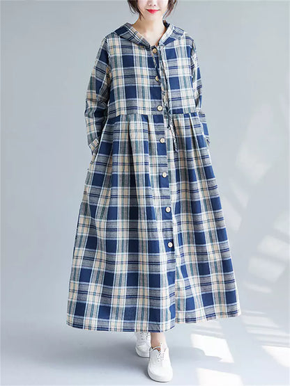 Extra langer karierter Damen-Trenchcoat mit Kapuze, lockere Passform