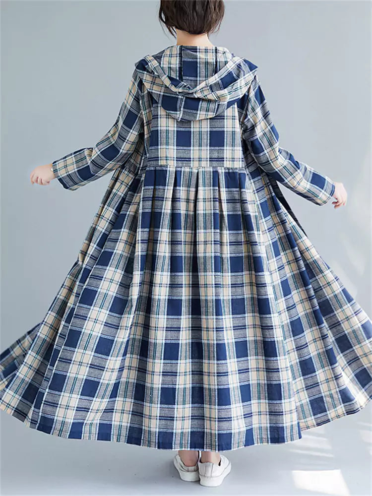 Women's Extra Long Plaid Hooded Trench Coat Loose Fit