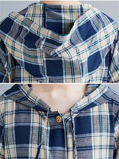 Extra langer karierter Damen-Trenchcoat mit Kapuze, lockere Passform