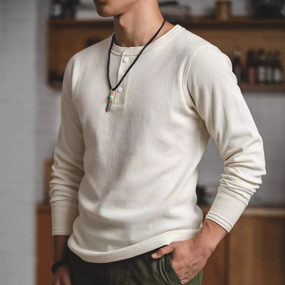 Long-Sleeve Heavyweight Waffle Knit Henley T-shirt