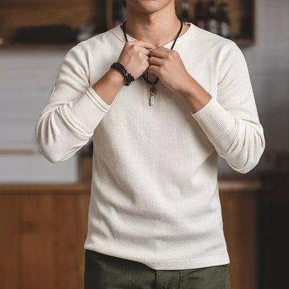 Langärmeliges, schweres Waffelstrick-Henley-T-Shirt