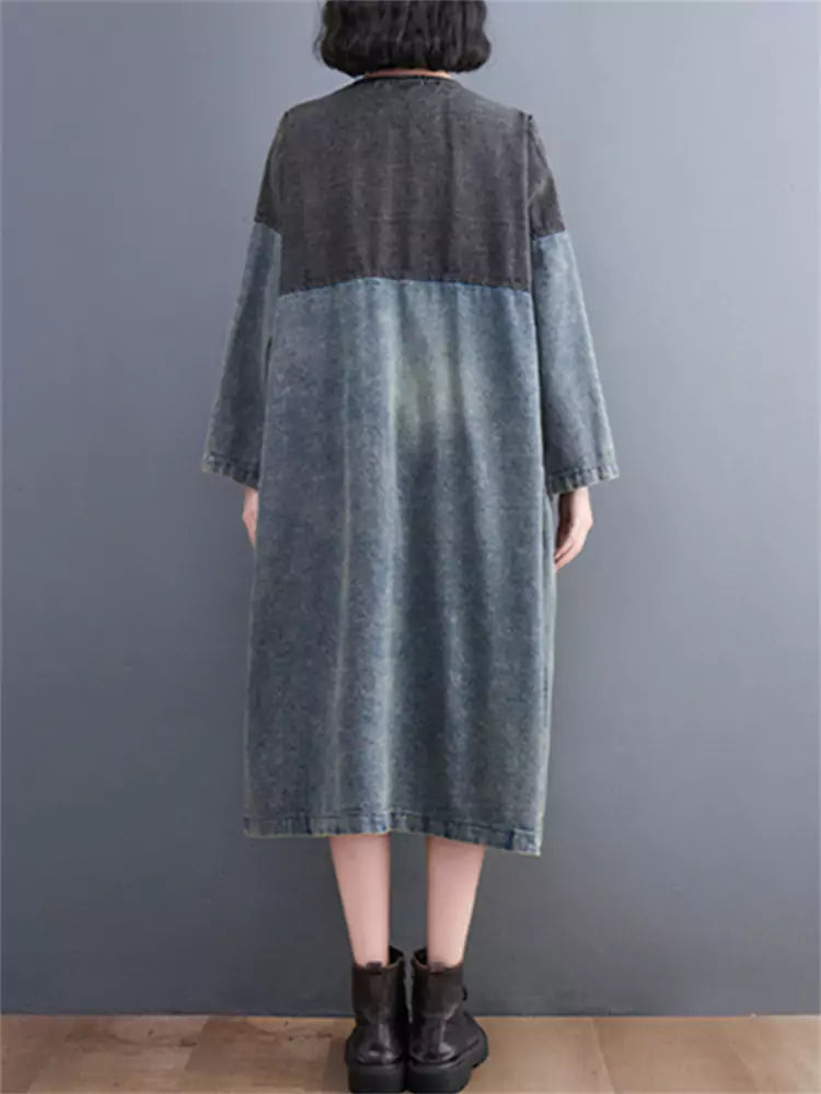 Loose Color Block Patchwork Big Pocket Denim Trench Coat