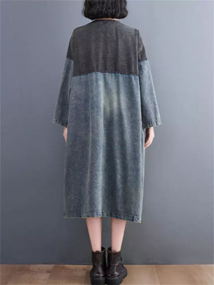 Loose Color Block Patchwork Big Pocket Denim Trench Coat