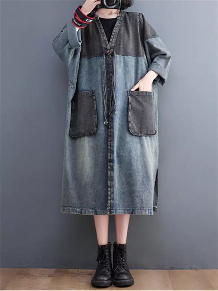 Loose Color Block Patchwork Big Pocket Denim Trench Coat
