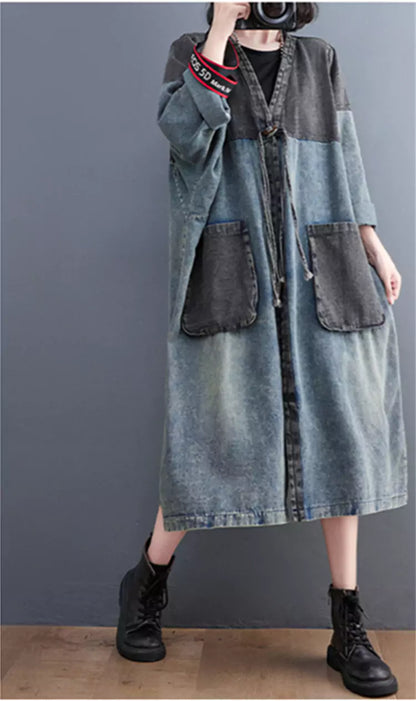 Loose Color Block Patchwork Big Pocket Denim Trench Coat