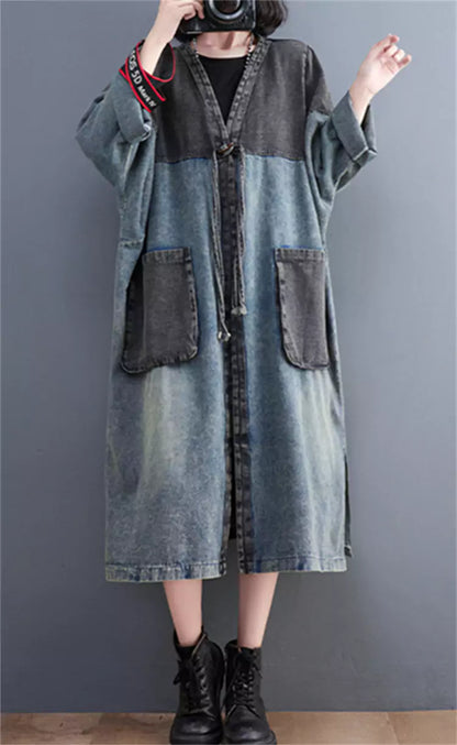 Loose Color Block Patchwork Big Pocket Denim Trench Coat