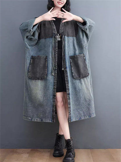 Loose Color Block Patchwork Big Pocket Denim Trench Coat