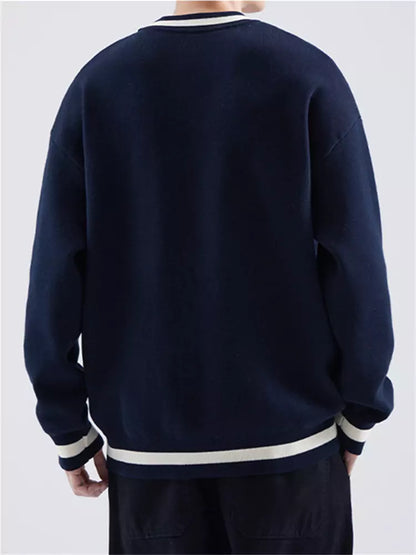 Loose Fit Cotton Crewneck Sweater Preppy Style