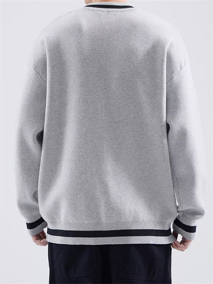Loose Fit Cotton Crewneck Sweater Preppy Style