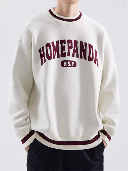 Loose Fit Cotton Crewneck Sweater Preppy Style