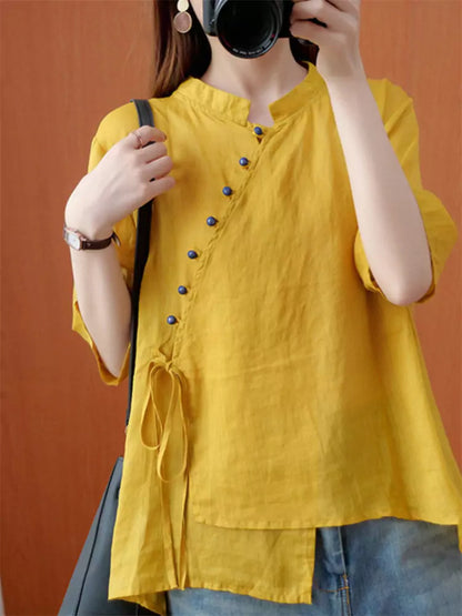 Loose Fit Cross Collar Chinese Style Linen Shirt Short Sleeve