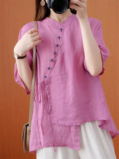 Loose Fit Cross Collar Chinese Style Linen Shirt Short Sleeve