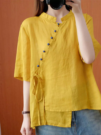 Loose Fit Cross Collar Chinese Style Linen Shirt Short Sleeve
