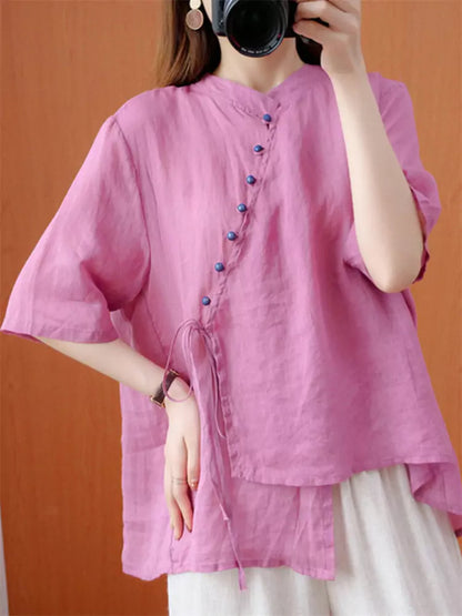 Loose Fit Cross Collar Chinese Style Linen Shirt Short Sleeve