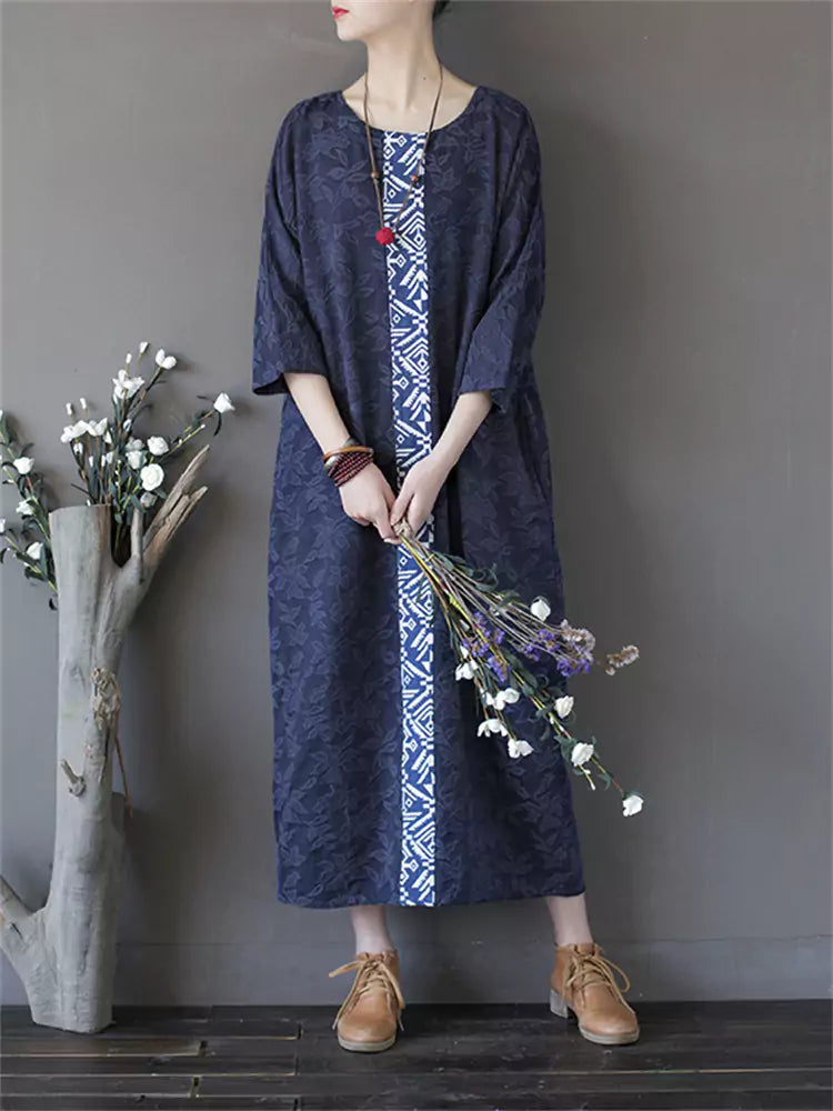 Loose Fit Embroidered Blue Cotton Linen Dress