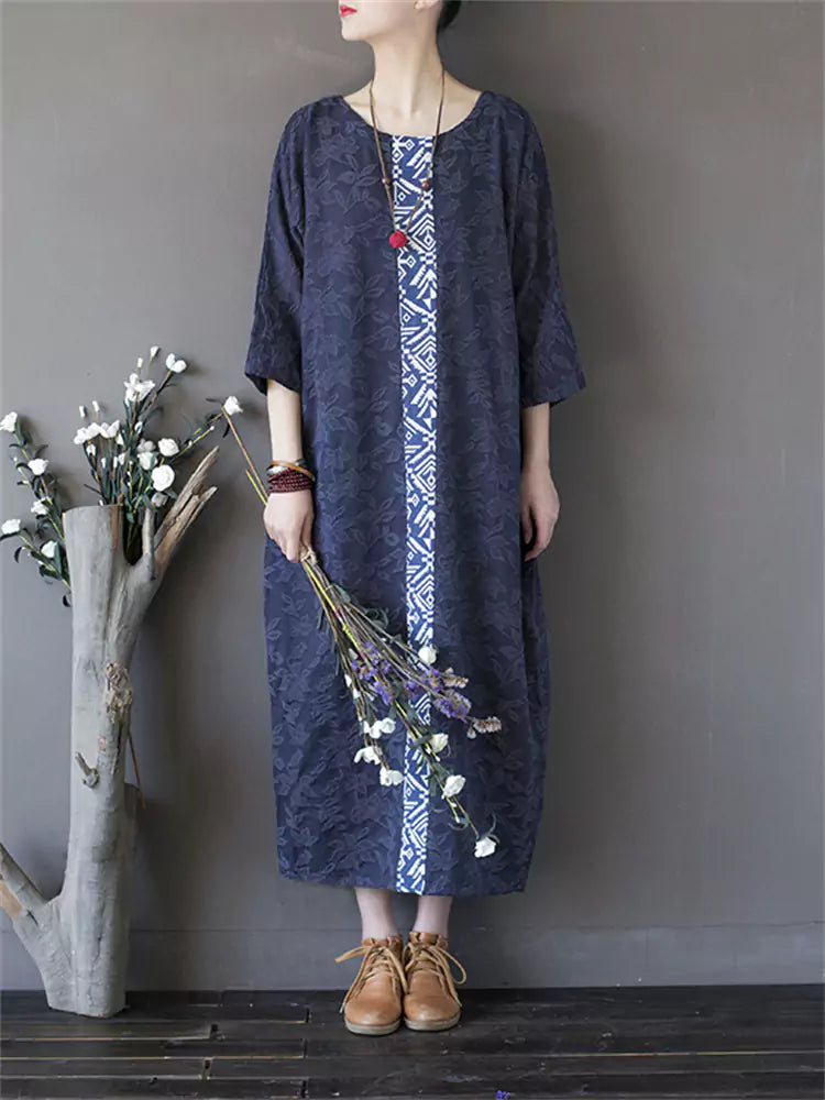 Loose Fit Embroidered Blue Cotton Linen Dress