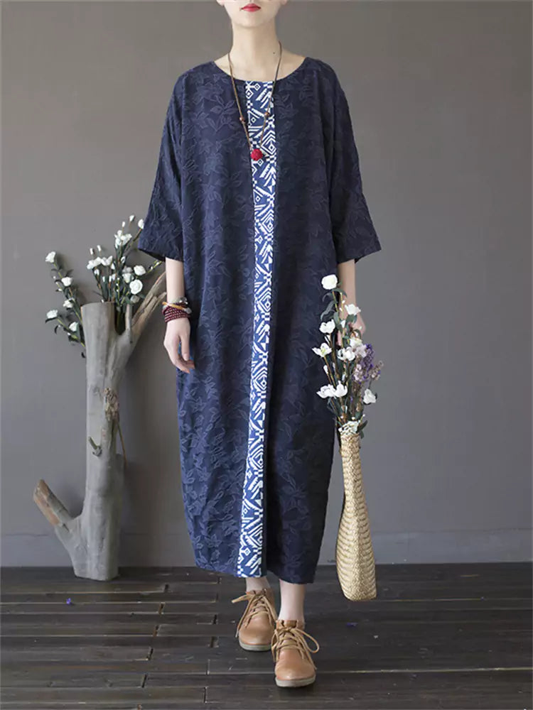 Loose Fit Embroidered Blue Cotton Linen Dress