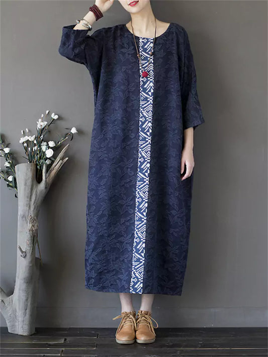 Loose Fit Embroidered Blue Cotton Linen Dress