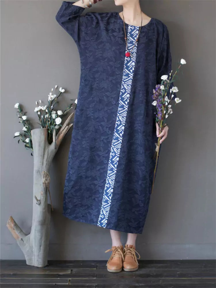 Loose Fit Embroidered Blue Cotton Linen Dress