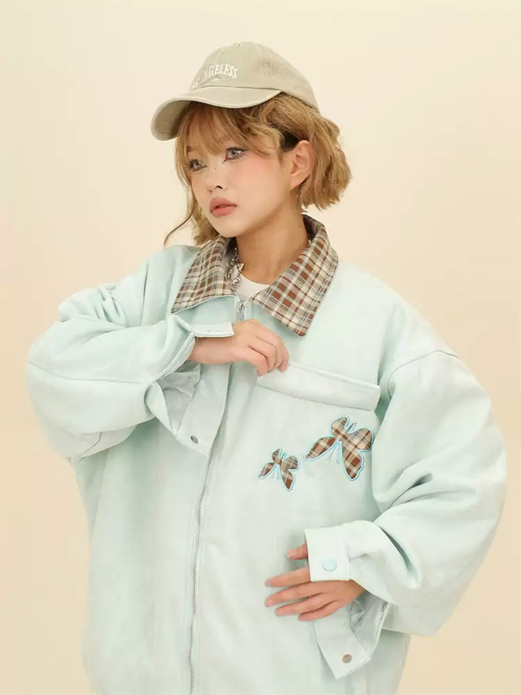 Chaqueta holgada de ante con estampado de mariposas y cuadros escoceses con cuello de solapa