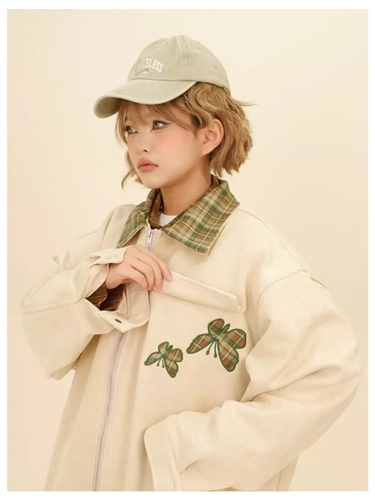 Chaqueta holgada de ante con estampado de mariposas y cuadros escoceses con cuello de solapa
