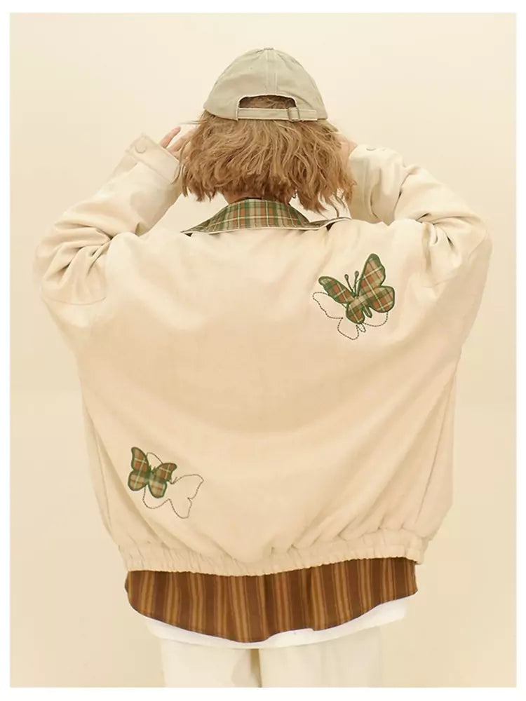 Loose Fit Plaid Butterfly Suede Jacket with Lapel Collar