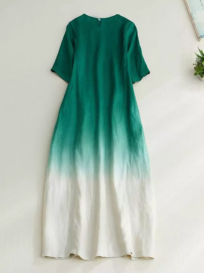 Loose Fit Travel Cotton Linen Short Sleeve Gradient Linen Dress