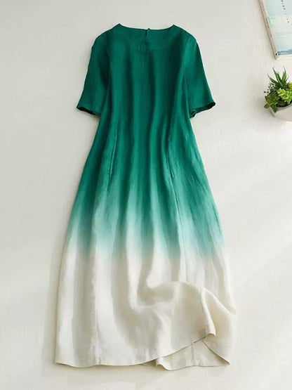 Loose Fit Travel Cotton Linen Short Sleeve Gradient Linen Dress