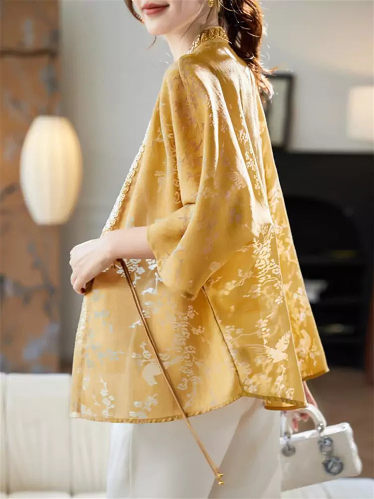 Women's Loose Fit V-Neck Batwing Sleeve Beaded Hollow Out Blouse
