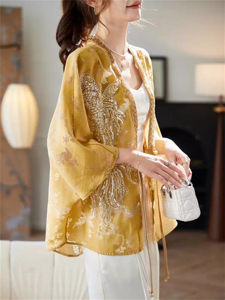 Women's Loose Fit V-Neck Batwing Sleeve Beaded Hollow Out Blouse