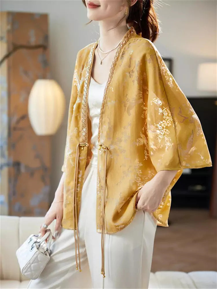 Women's Loose Fit V-Neck Batwing Sleeve Beaded Hollow Out Blouse
