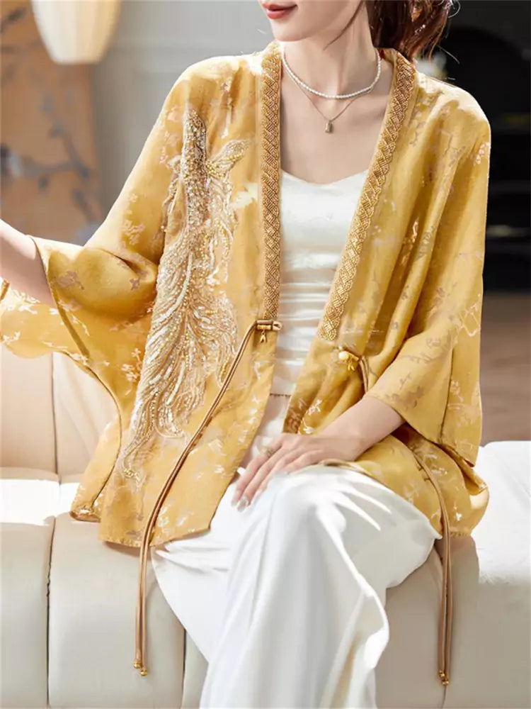 Women's Loose Fit V-Neck Batwing Sleeve Beaded Hollow Out Blouse