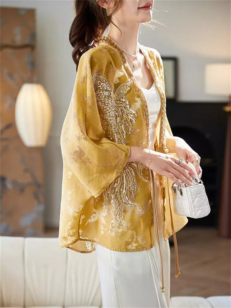 Women's Loose Fit V-Neck Batwing Sleeve Beaded Hollow Out Blouse