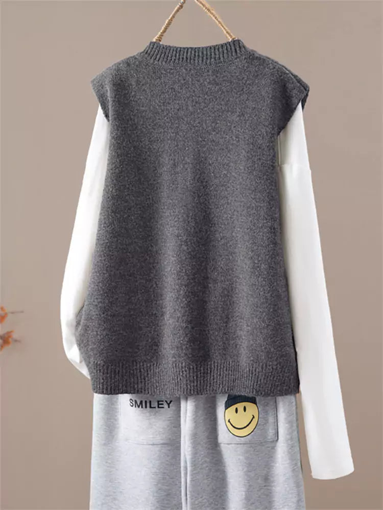 Crew Neck Loose Simple Single-Breasted Short Knit Vest