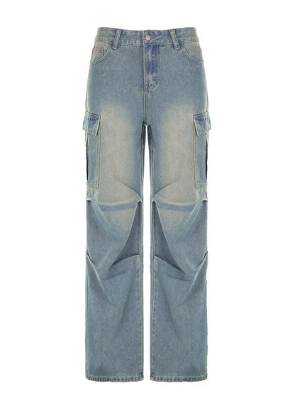 Low Waist Washed Ruched Pocket Denim Pants