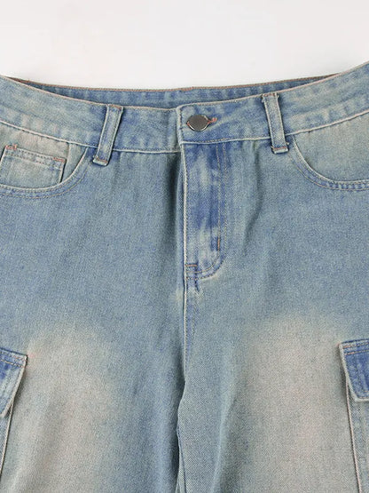 Low Waist Washed Ruched Pocket Denim Pants