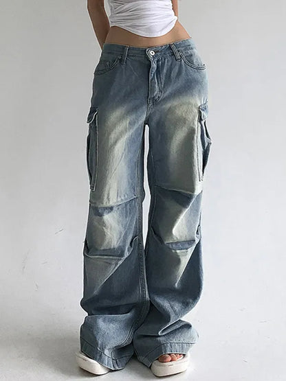 Low Waist Washed Ruched Pocket Denim Pants