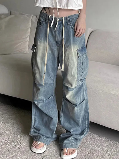 Low Waist Washed Ruched Pocket Denim Pants