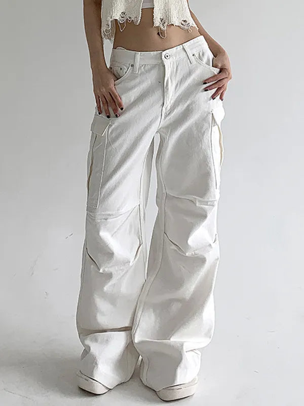 Low Waist Washed Ruched Pocket Denim Pants