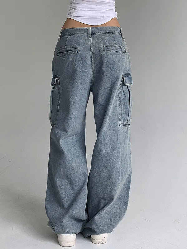 Low Waist Washed Ruched Pocket Denim Pants