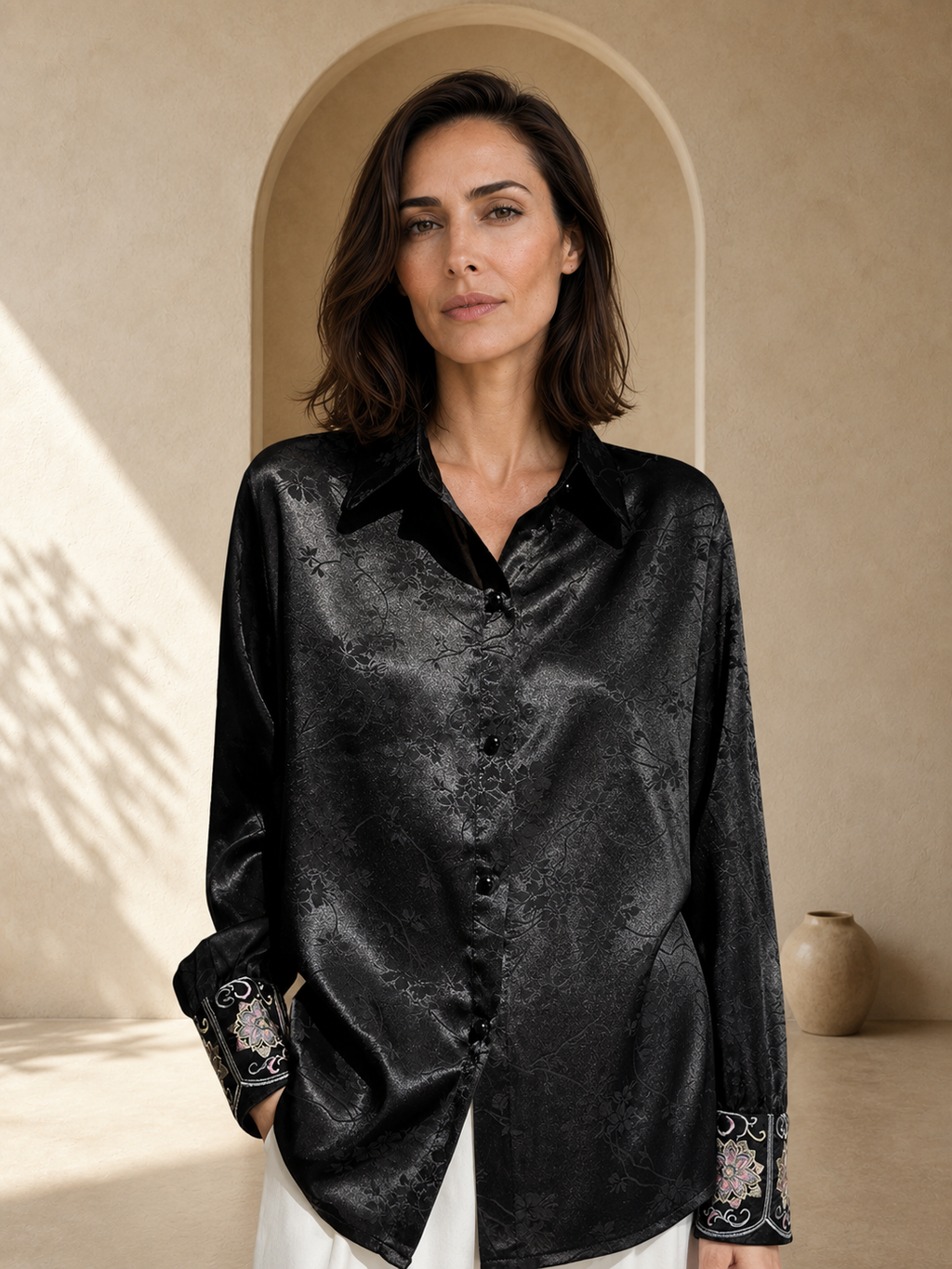 Acetate Satin Blouse with Jacquard Floral & Embroidered Cuffs