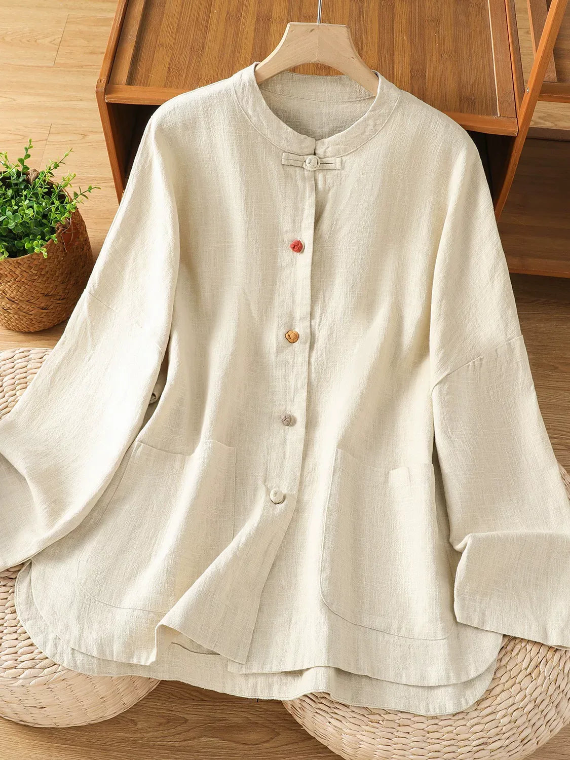 Mandarin Collar Frog Button Patch Pocket Long Sleeve Shirt
