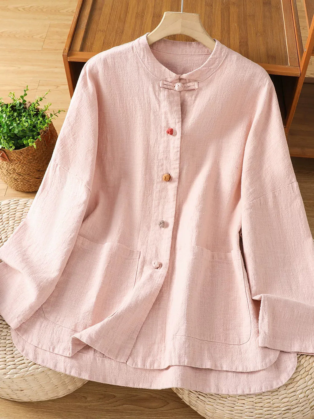 Mandarin Collar Frog Button Patch Pocket Long Sleeve Shirt